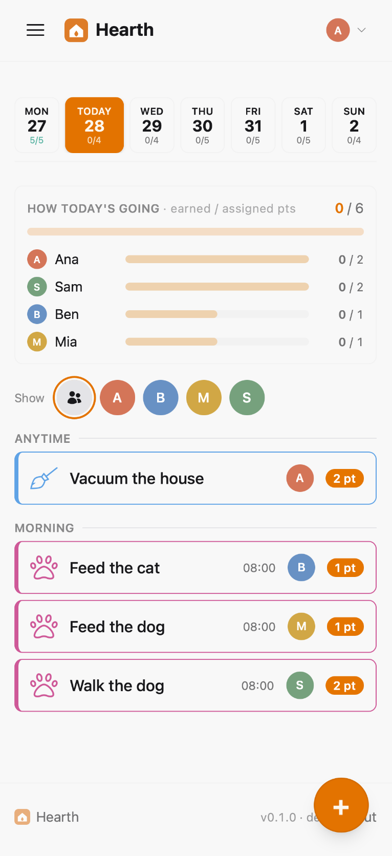 Hearth on a phone — today's chores with points, and how the day's going for each person.